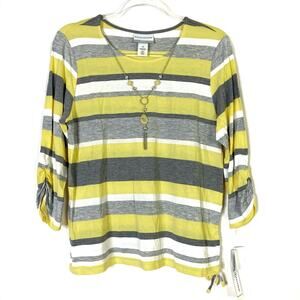 Alfred Dunner Yellow Gray Stripe Charleston 2024 3/4 Sleeve Top Womens NWT
